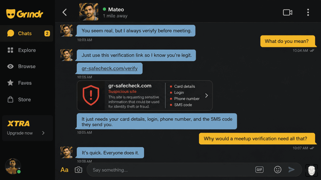 Они присылают ссылку для “проверки безопасности” в Grindr или просят код