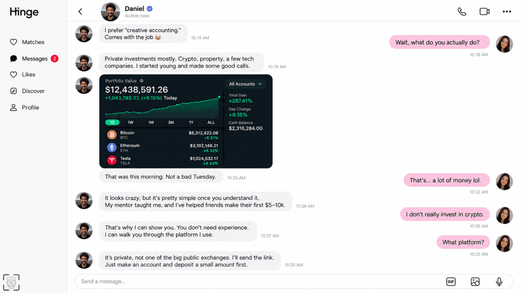A Hinge Scammer convincing a match to invest money