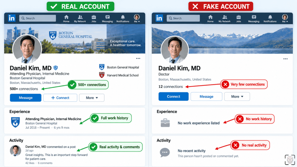 An example of a fake and real LinkedIn account