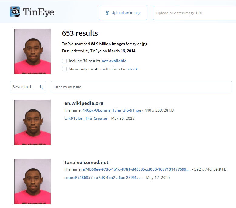Resultados de TinEye