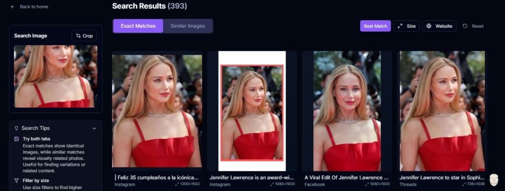 resultados da busca reversa de imagens do PicDetective